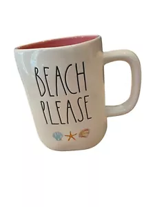 Rae Dunn BEACH PLEASE Coffee Mug Starfish Seashell Watercolor Ocean Pink Inside - Picture 1 of 6