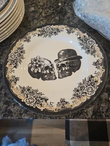 Royal Stafford 4 SALAD Victorian Skull Couple Plates Goth Halloween NEW - Picture 1 of 1