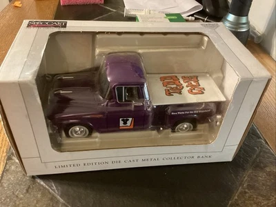 SPECCAST V TWIN TEDD CYCLE HARLEY 1957 CHEVY TRUCK BANK PURPLE NIB RARE - Image 1 of 4