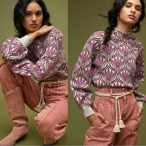 Anthropologie The Beatriz Mock-Neck Sweater Cream Purple Print Stretch S - Bild 1 von 24