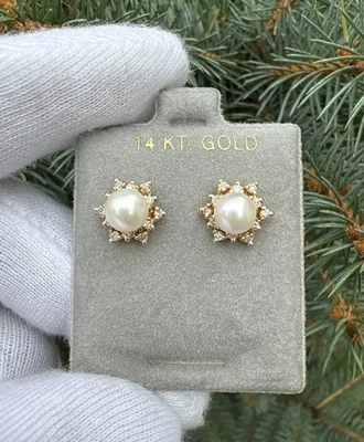 Solid 14K Yellow Gold 6.2 mm Pearl Diamond Halo Stud Earrings Mint-3.2 g - Image 1 of 4