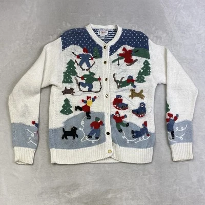 Orvis Winter Scene Cardigan Sweater M Skating Sledding Skiing Novelty Vintage - Image 1 of 4
