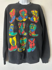 Vintage 90s Cowboy Boots Crewneck Sweatshirt Black Size Large Western USA Made - Picture 1 of 11