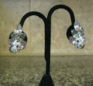 Good Sized Vintage EISENBERG Clip Earrings w/ Pale Pink, Clear & Smoke Crystals  - Picture 1 of 7