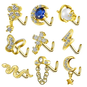 9-16Pcs Nose Stud Surgical Steel CZ L Shaped Studs Ear Body Piercing Jewelry 20G - Picture 1 of 21