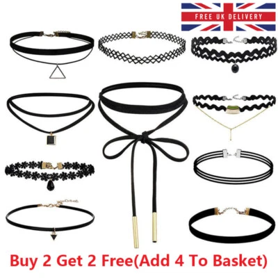 Set Collana Choker Nero Stretch Velluto Classico Gotico Tatuaggio Pizzo Retro UK - Immagine 1 di 4