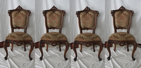 ANTIQUE ROCOCO SET OF 4 TAPESTRY UPHOLSTERED HIGHLY CARVED DARK WOOD  CHAIRS Cover