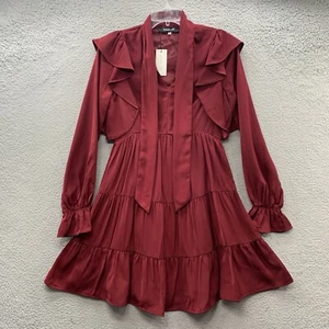 SUGAR + LIPS NWT Ruched Long Sleeve Red Burgundy Ruffle Tie Mini Dress Size XS - Picture 1 of 15