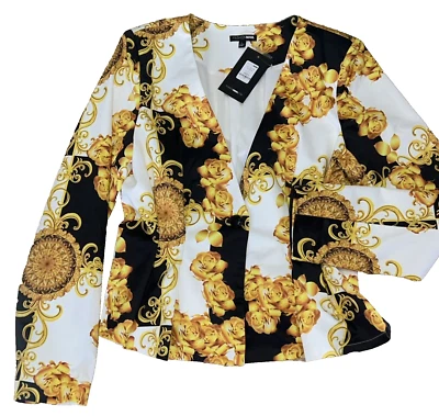 Blazer Moda Nova Talla L Nuevo con Etiquetas Manga Larga Cuello en V Forrado Satinado Amarillo Rosas Foto 1 de 4