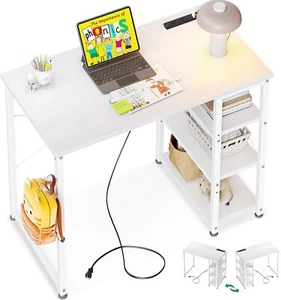 Computer Desk with Power Outlets,Home Office Desk with 3 Storage Shelves,Study - Picture 1 of 8