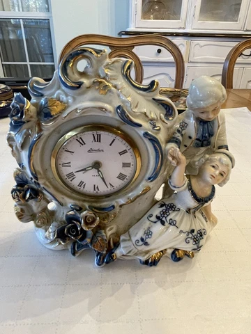 Vintage Linden Genuine Porcelain Alarm Clock Blue and White Statuette China Cover