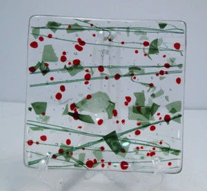 Christmas Fused Art Glass Plate Red & Green Abstract 7" X 7" Dish Holiday - Picture 1 of 5