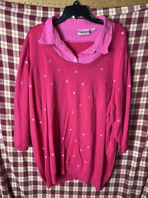 Quacker Factory Polka Dot Duet Sweater with Woven Collar Size 3XL Pink - Image 1 of 4