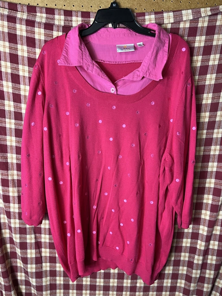 Quacker Factory Polka Dot Duet Sweater with Woven Collar Size 3XL Pink - Image 1 of 4