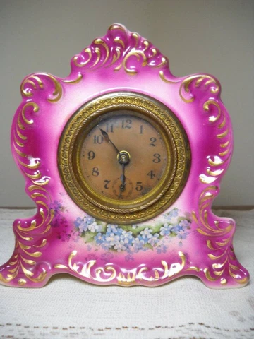 Rare Antique William Gilbert Miniature Porcelain Holly Clock 30 Hr Time Working Cover
