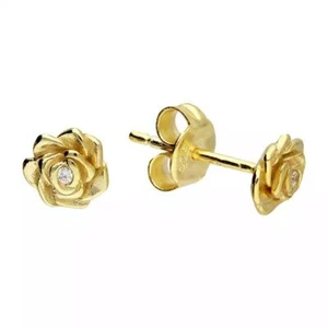Plata de Ley Pendientes Amarillo Bañado en Oro Blanco Circonita Cúbica Flor Rosa - Imagen 1 de 3