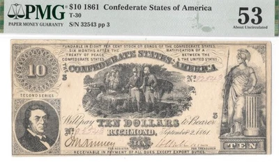 T-30 PF-3 1862 $1 Confederate Currency High Grade Sweet Potato Dinner PMG AU53 - Image 1 of 4