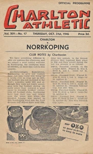 CHARLTON ATHLETIC V NORRKOPING ~ 31 DE OCTUBRE DE 1946 ~ PROGRAMA AMISTOSO - Imagen 1 de 2