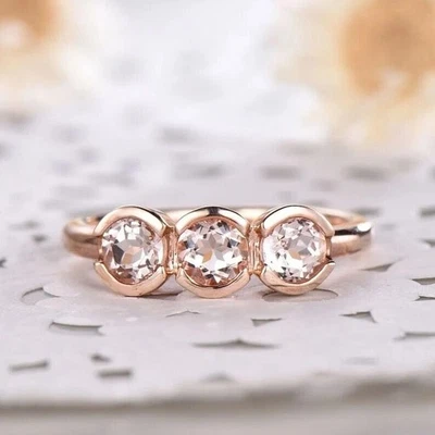 Round Cut Simulated Peach Morganite Engagement Band Ring In 14k Rose Gold Plated - Image 1 of 4