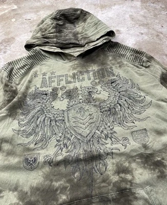 Sudadera con Capucha Ligera Affliction Verde Tie Dye Y2K Grunge Larga Delgada Foto 1 de 4