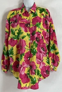 Vintage Adrienne Vittadini Sz S Yellow Red Floral 100% Silk Button Blouse Lg/Slv - Picture 1 of 19