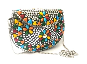 Bolso de Mano Multicolor Nupcial Plata Mosaico Metal con Estrás y Trabajo Meenakari - Imagen 1 de 14