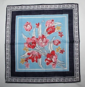 Vintage Taschentuch Taschentuch ~ blauer Hintergrund und Schriftrolle mehrfarbig Tulpendesign - Bild 1 von 4