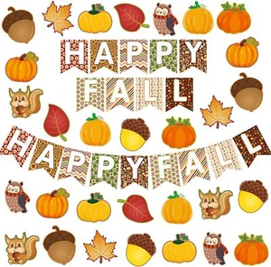 Happy Fall Cutouts Classroom Decorations Autumn Bulletin Board Set 48Pcs  - Picture 1 of 7