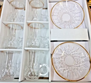Turkish Tea Set Of 6 Cups & Saucer Clear Gold Rim Gift - Picture 1 of 5