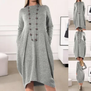 Plus Size Women Long Sleeve Shirt MaxiDress Ladies Loose Casual Solid Dress US - Picture 1 of 15