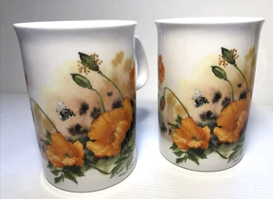 Yellow Poppy's Made In England - Tea/Coffee MUGS Fine Bone China Roy Kirkham x2 - Picture 1 of 7