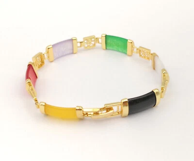 Brazalete Brazalete Verde Púrpura Rojo Jade Ágata Rectángulo 18KGP Fortuna Longevidad Foto 1 de 4