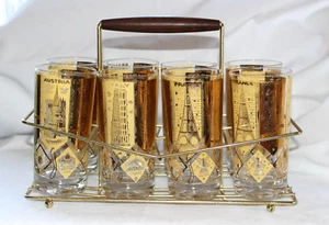 MCM Barware Cera AROUND THE WORLD TRAVEL Highball Tumblers Set Of 8 CADDY gold - Picture 1 of 12
