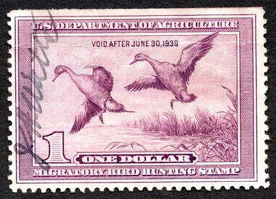 US 1938 $1 Federal Duck Stamp RW5 Used CV $75 - Image 1 of 2