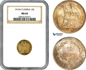 AK003, French Indo-China, 10 Centimes 1914 A, Paris Mint, Silver, NGC MS64 - Picture 1 of 1