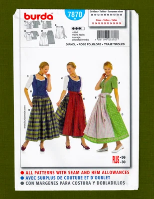 Folklore Dirndl Skirt, Top, Vest, Apron Sewing Pattern (Sizes 12-30) Burda 7870 - Image 1 of 4