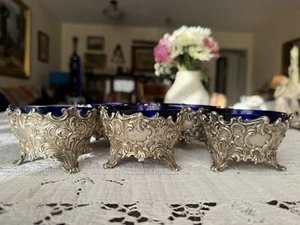 6 Repousse Sterling Salt Cellars Cobalt Liners 1846-7, Edward Barnard - Picture 1 of 14