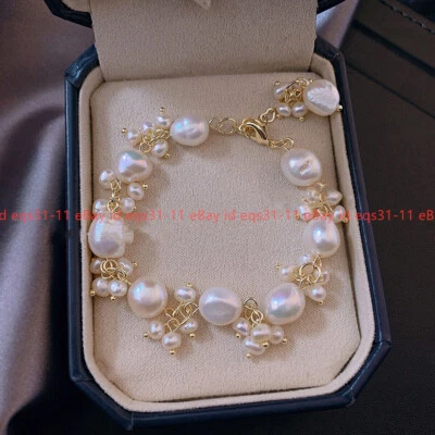  Genuine Natural 11-12mm White Freshwater Baroque Pearl Beads Bracelet 6-9'' - Image 1 of 4