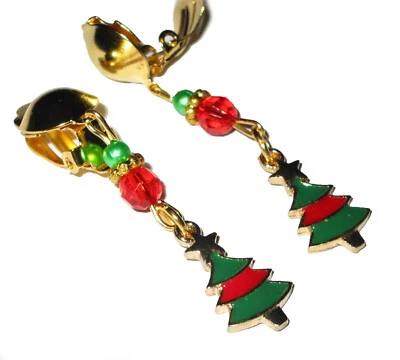Ohrclips Clips Tannenbaum lang goldf grün rot Weihnachtsohrringe Weihnachten - Bild 1 von 3
