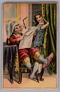1800s Victorian Trade Card Kids w Newspaper, Big Shoes, Colorful - Picture 1 of 2