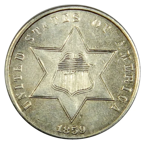 1859 THREE CENT SILVER ~ SHARP 3 CENT AU/BU ABOUT UNCIRCULATED! Cover