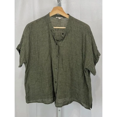 EILEEN FISHER Lino Orgánico Abotonado Top Cuadros Manga Corta Verde Talla M Foto 1 de 4