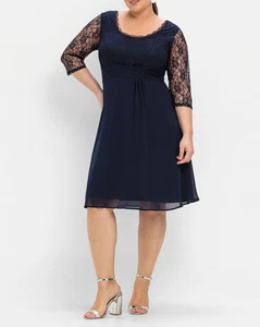 Sheego Damen Abendkleid 3/4-Arm Rundhals Wadenlang Spitze marine NEU - Bild 1 von 5