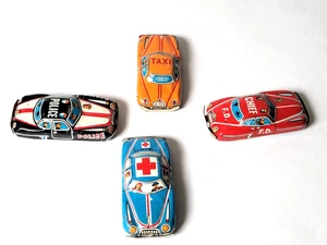 BLECH LITHO Spielzeugautos JAPAN 4" 4er Set Taxi Krankenwagen Polizei FD Chief 1950 - Bild 1 von 6