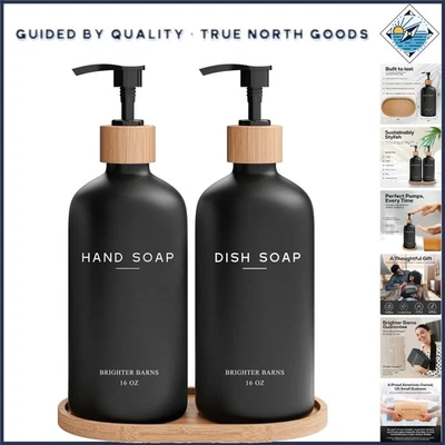 Black Glass Soap Dispenser Set with Bamboo Tray - Eco-Friendly Luxury Decor - Image 1 of 4