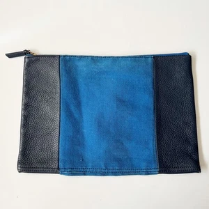 Large blue leather and canvas zip pouch cotton jute leather travel bag case - Picture 1 of 9