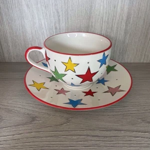 Whittard of Chelsea Mug White Multicoloured Stars Large Breakfast Cup and Saucer - Picture 1 of 12