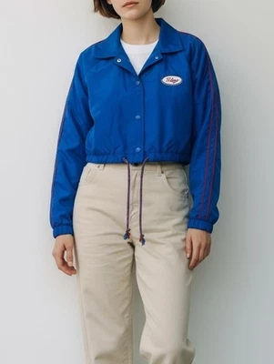 F21 Womens Cropped Windbreaker Jacket Blue With Red Racer Stripes Size Large New - Image 1 of 4