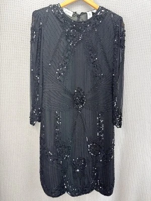 Vestido De Colección Lillie Rubin Negro Lentejuelas 100% Seda Negro Midi Noche Cóctel Pequeño Foto 1 de 4