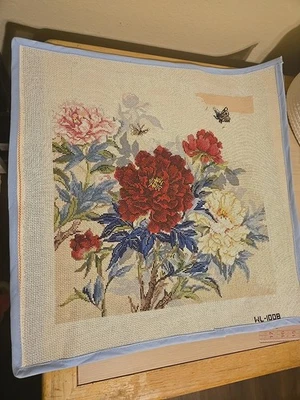 Lucy Wang Peony Butterflies Needlepoint 15.75" X 15.75 Painted Partially Started - Image 1 of 4